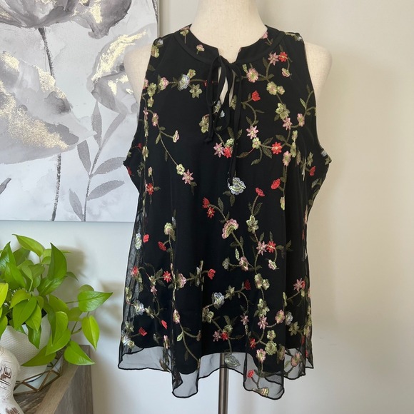 Chenault Tops - Black Embroidered Floral Mesh Top Tie Neck Dark Romantic Fairy Boho Whimsigoth